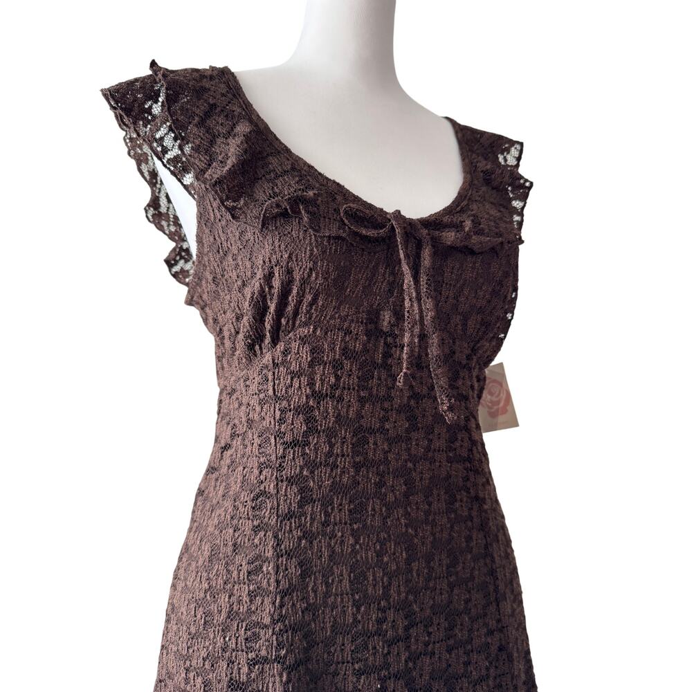 NWT No Comment Dark Brown Lace Ruffle Asymmetrical Stretch Knee Length Dress - Picture 6 of 10